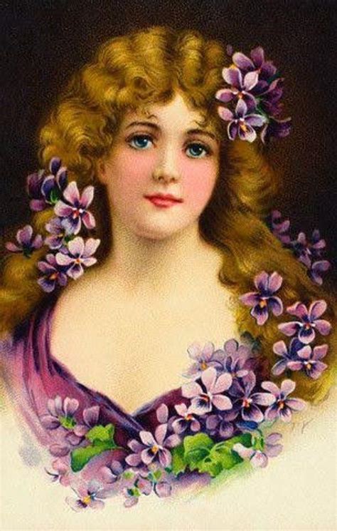 violets victorian vintage girl with purple flowers 8x10 fabric block great for quilting