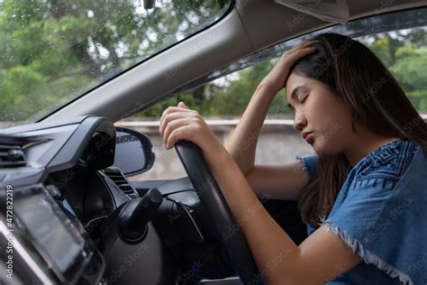 Stressed Woman Drive Car Feeling Sad And Angry Asian Girl Tired Fatigue On Car Driver Tired