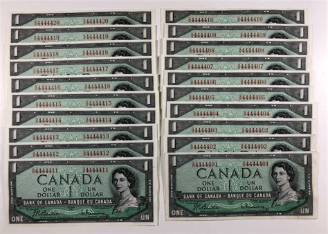 Bank Of Canada 1 1954 Lot Of 20 Consecutive Notes
