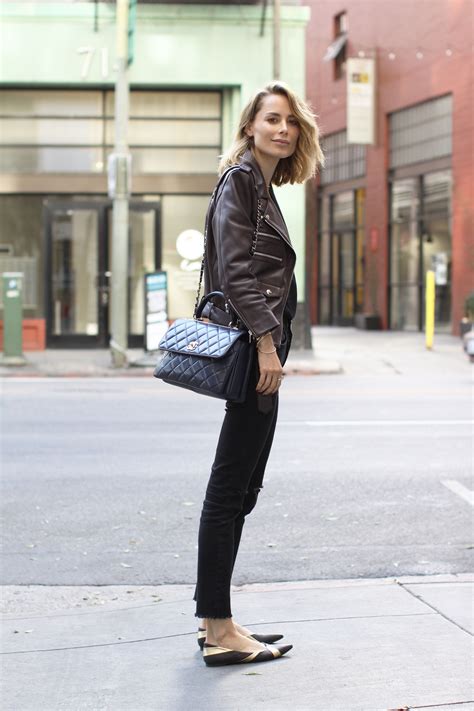 Anine Bing Outfit Burgundy Leather Jacket Denim Chanel Bag Fashion