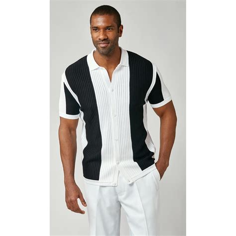 Stacy Adams White Black Button Up Knitted Short Sleeve Shirt 1207