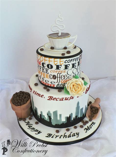 Coffee Themed Birthday Cake With Fondant Decor And Edible Print And