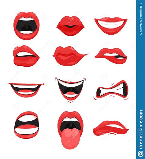 Vector Illustration Set of Cute Mouth with Red Lips Expressions Facial