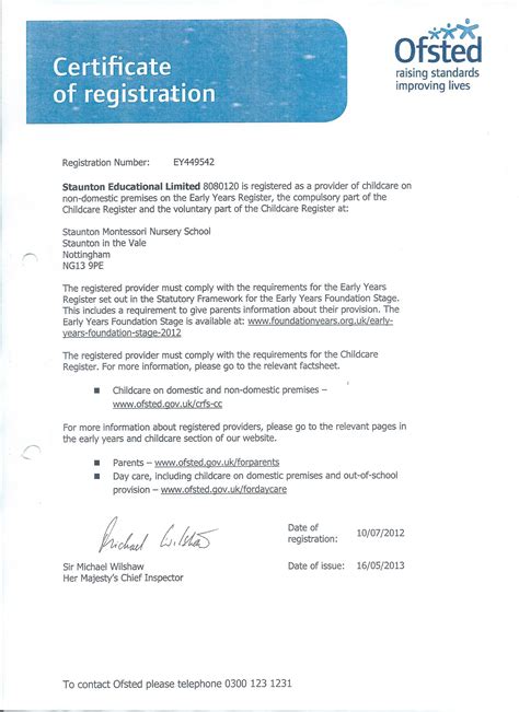 Staunton Montessori School OFSTED Certificate of Registration ...