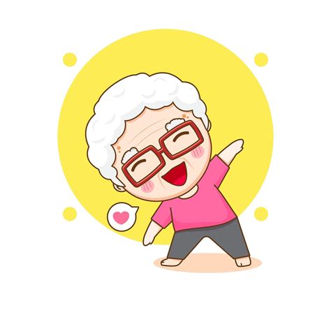 Happy Grandma Practicing Yoga Old Woman Doing Gymnastic Chibi Cartoon
