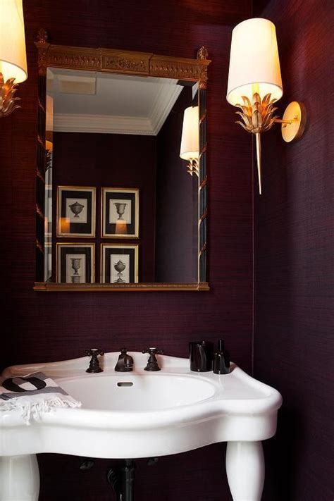 Purple Powder Room Boasts Walls Clad In Purple Grasscloth Lined With A