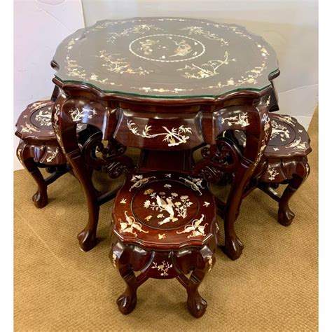 Chinese Carved Rosewood And Mother Of Pearl Tea Table 4 Stools Chairish