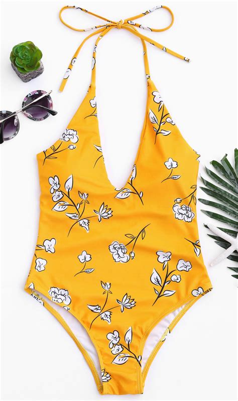 Yellow Floral Deep V Neck Halter One Piece Swimsuit Gabi Swimwear