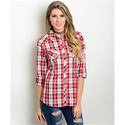 Womens Shirts Plaid Button Down Red And White Red And White Shirt