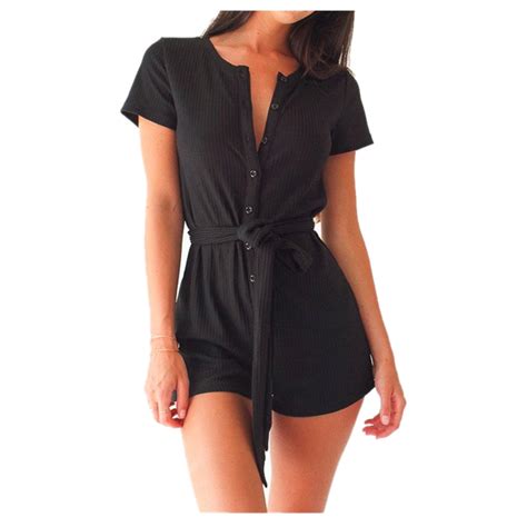 women summer short rompers jumpsuits casual o neck short sleeve botton belted playsuits black l