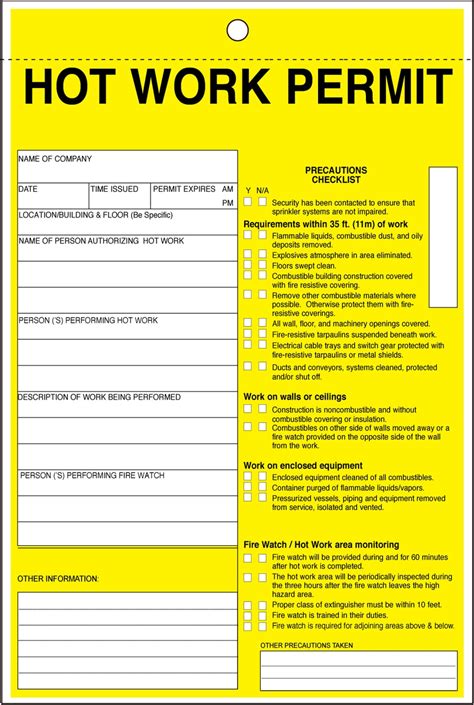 A pdf of the procedure is available to download (see attached), please use it in conjunction with the attached permit to work form, permit to work register and toolbox talk. welding cutting, brazing hot work permit form tag