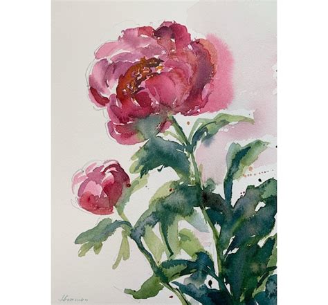 Pink Peony Original Watercolor Painting Loose Floral Etsy