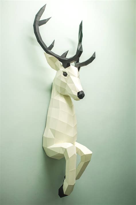 Papercraft Deer Out Of Wall 3d Low Poly Paper Sculpture Diy Etsy