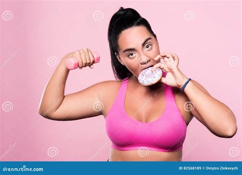 Chubby Woman Eating Donut While Exercising Stock Image Image Of Beauty Lifestyle