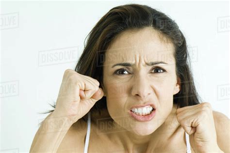 Woman Making Angry Face Holding Up Fists Portrait Stock Photo