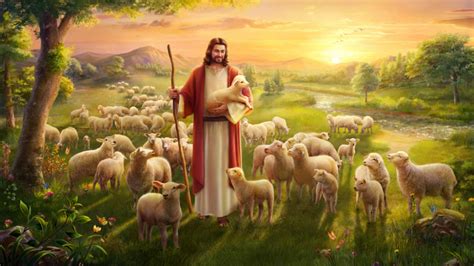 Sheep Lambs Jesus With Stick On Green Grass Hd Jesus Wallpapers Hd