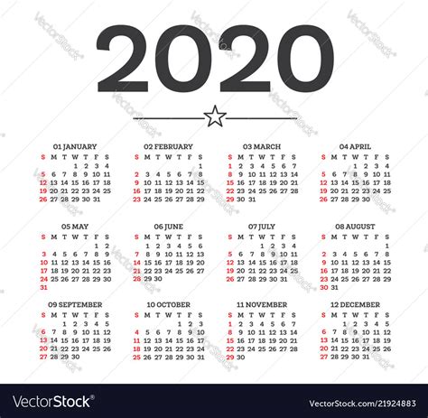 Calendar 2020 Isolated On White Background Week Vector Image