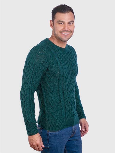 Hand Knit Warm Green Aran Alpaca Sweater For Men Inti Alpaca Alpaca