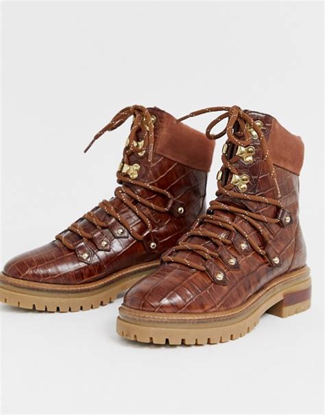 hiker boots flat boots lace up boots leather boots ankle boots croc leather asos boots