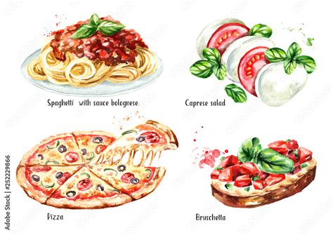 Italian Food Set Pizza Spaghetti With Sause Bolognese Caprese Salad