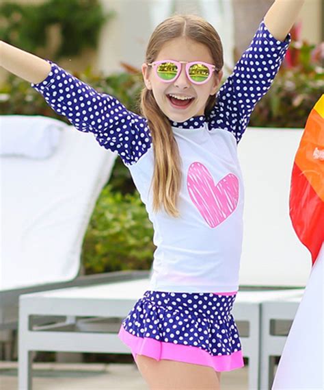 Mia Belle Girls Navy Polka Dot And Pink Heart Skirted Rashguard Set