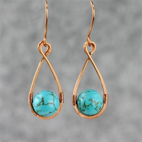 Turquoise Copper Wire Tear Drop Wrapped Earrings Bridesmaids Gifts Free