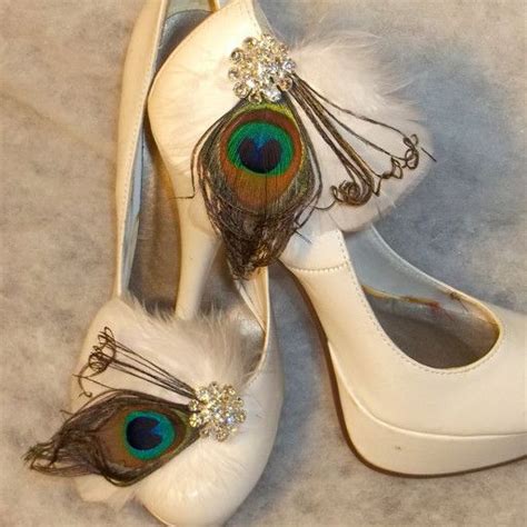 Wedding Bridal Feathered Shoe Slips Set Of 2 Peacock Shoe Clips Appx