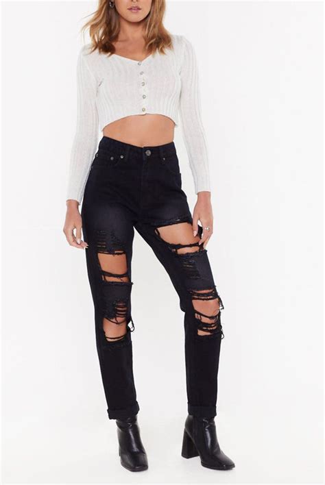Wholesale Black Extreme Ripped High Waisted Mom Jeans