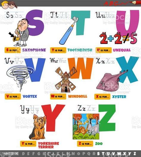 Educational Cartoon Alphabet Letters For Children Set From S To Z Stock
