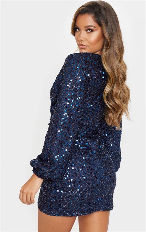 Navy Sequin Plunge Long Sleeve Bodycon Dress Prettylittlething Aus