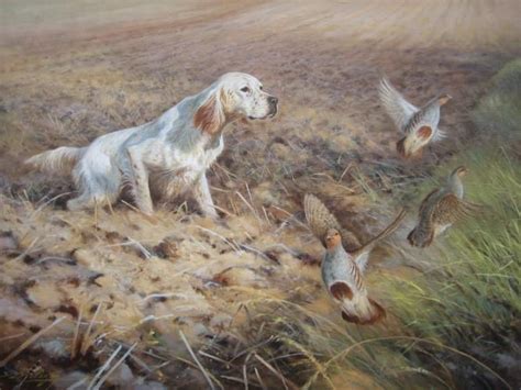 A Painting Of Two Dogs And Three Birds In A Field