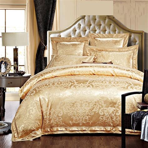 Luxury Jacquard Silk Bedding Sets Queen King Size 4pcs Gold Satin Bed