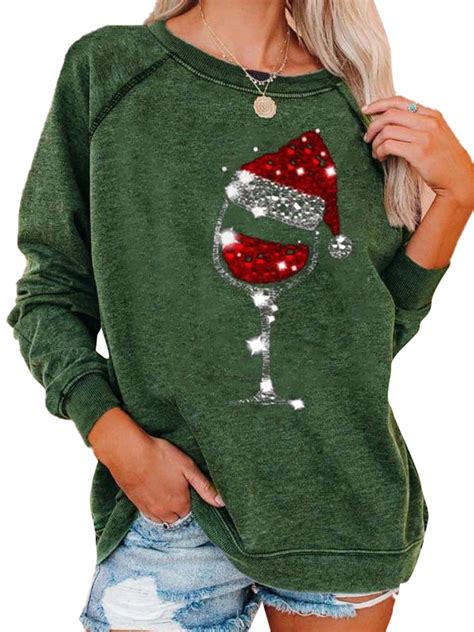 Ukap Womens Casual Christmas Theme Sweatshirt Wine Glass Santa Hat