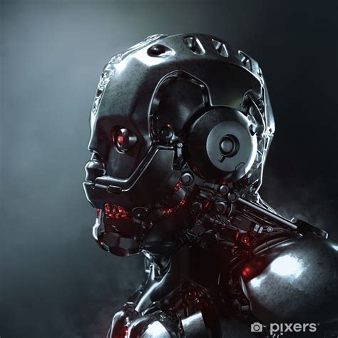 Wall Mural Head Of Cyborg With Red Luminous Eyes Science Fiction