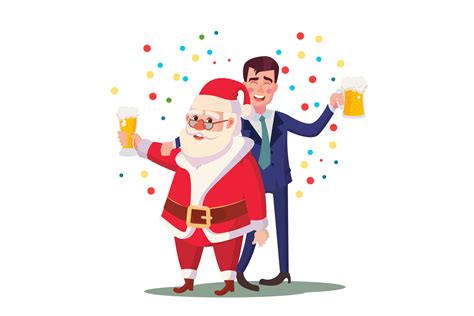 Drunk Man And Santa Claus Vector Corporate Christmas Party At Restaurant Or Office Relaxing