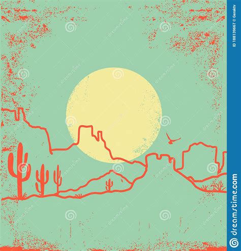 Vintage Desert Landscape With Canyon And Cactuses Arizona Desert With
