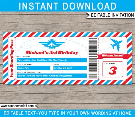 Plane Ticket Invite Blue Instant Download Editable Text Boarding Pass Invitation Birthday Party