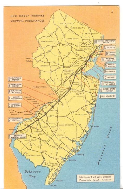 Undated Unused Postcard New Jersey Turnpike Map Showing Interchanges Nj