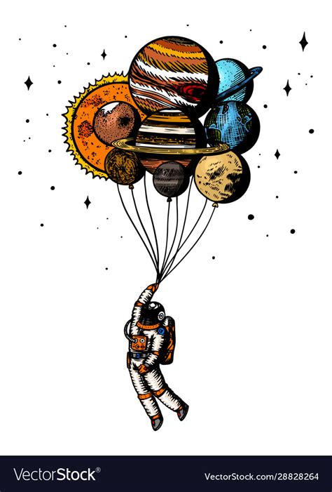 Soaring Spaceman Astronaut With Planets Balloons Vector Image