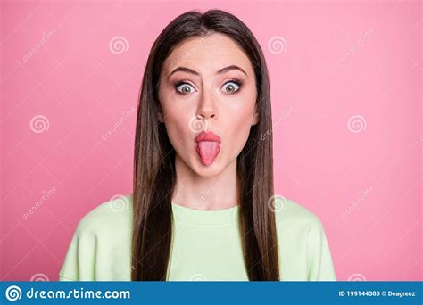 Closeup Photo Of Funny Crazy Lady Straight Long Hairdo Funny Girlish Sticking Tongue Out Mouth