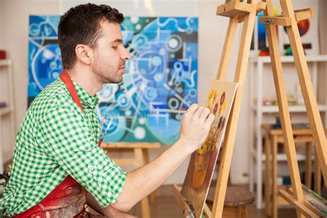Male Artist Working A Painting Stock Image Image Of Concentration