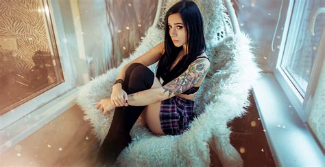 Wallpaper Women Tattoo Sitting Black Stockings Painted Nails Ass Black Bras Miniskirt