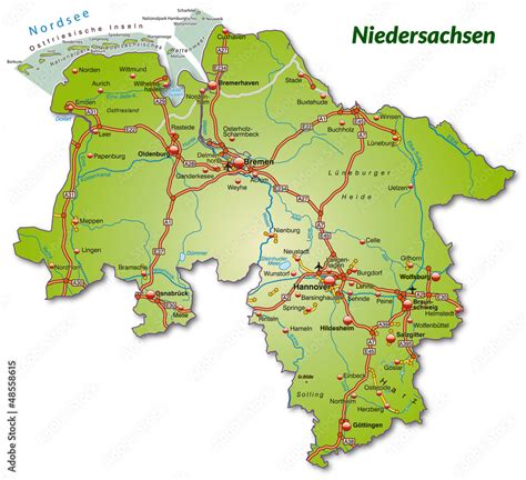 Landkarte Von Niedersachsen Mit Autobahnnetz 素材庫向量圖 Adobe Stock