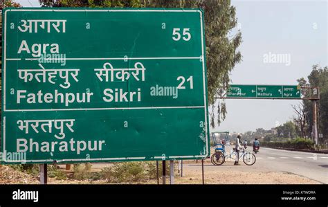 Indian Road Signs On The Highway Between Jaipur And Agra India Stock