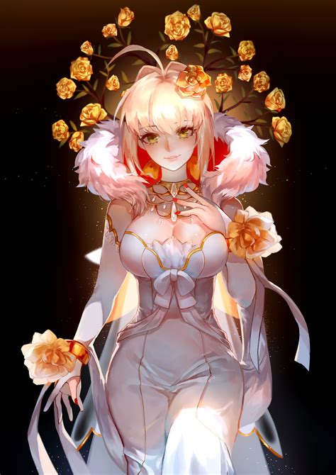 Wallpaper Boobs Blonde Cleavage Dress Fate Extra Fate Stay Night Saber Extra Flowers
