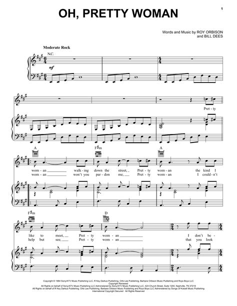 Oh Pretty Woman Sheet Music Roy Orbison Piano Vocal Guitar Chords Right Hand Melody