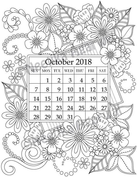 October 2018 Coloring Page Calender Planner Doodle Flowers