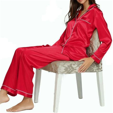 women silk satin pajamas set single breasted long sleeve button down sleepwear