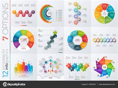 Colección de 12 plantillas vectoriales para infografías con 7 opciones