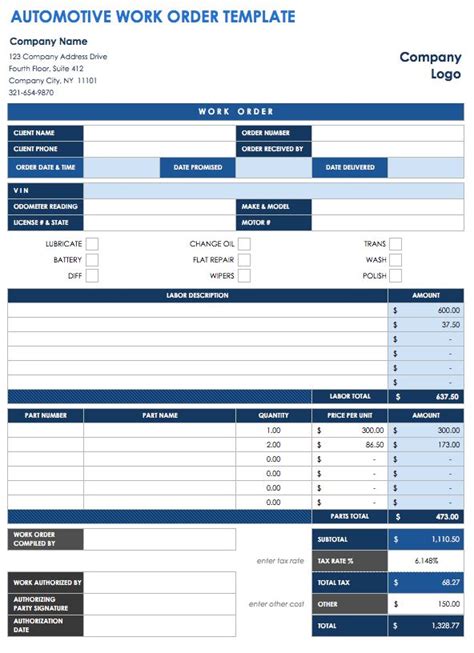 Printable Auto Repair Work Order Template